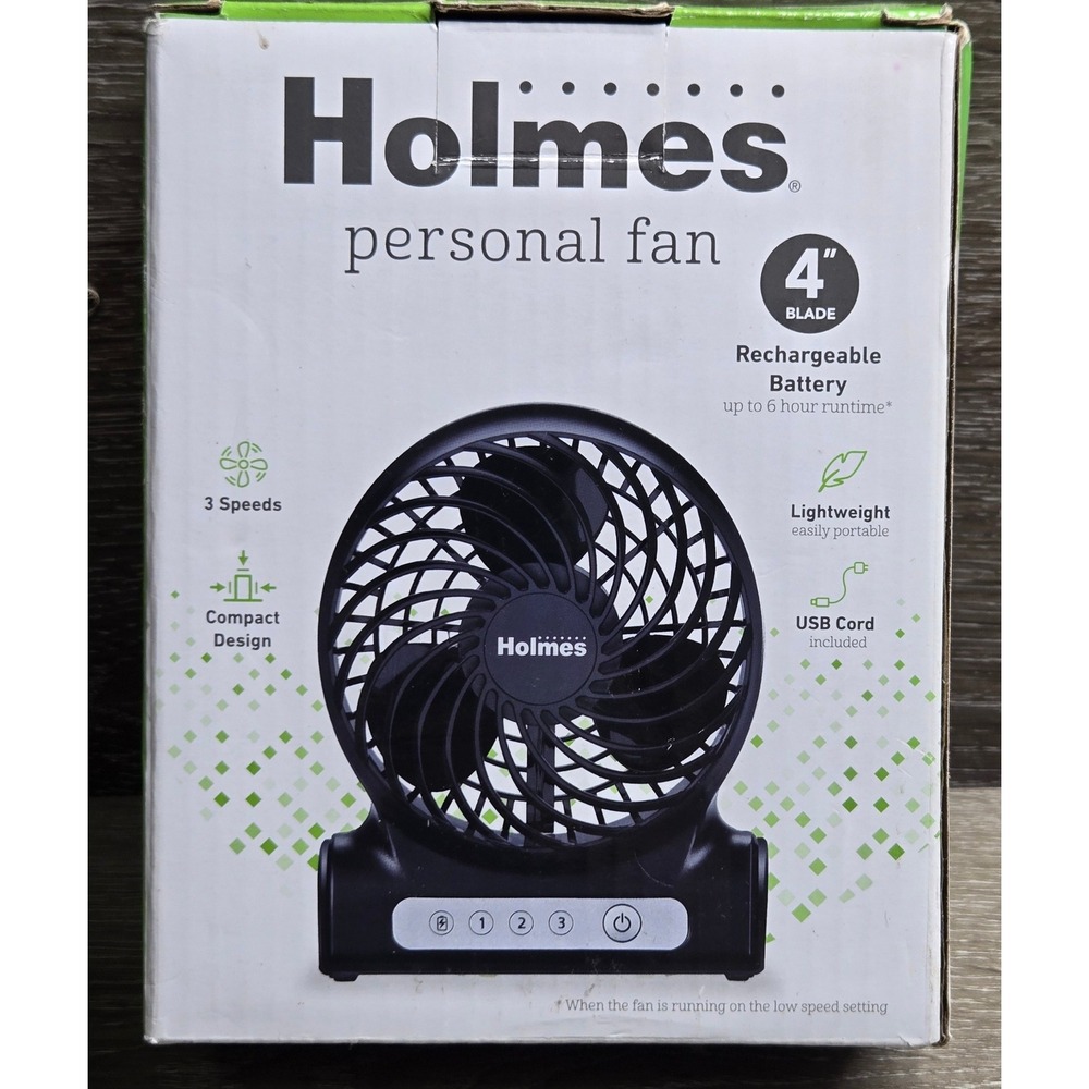 Holmes 4" Blade Personal Fan Rechargeable 3 Speed Portable USB Black 32510017